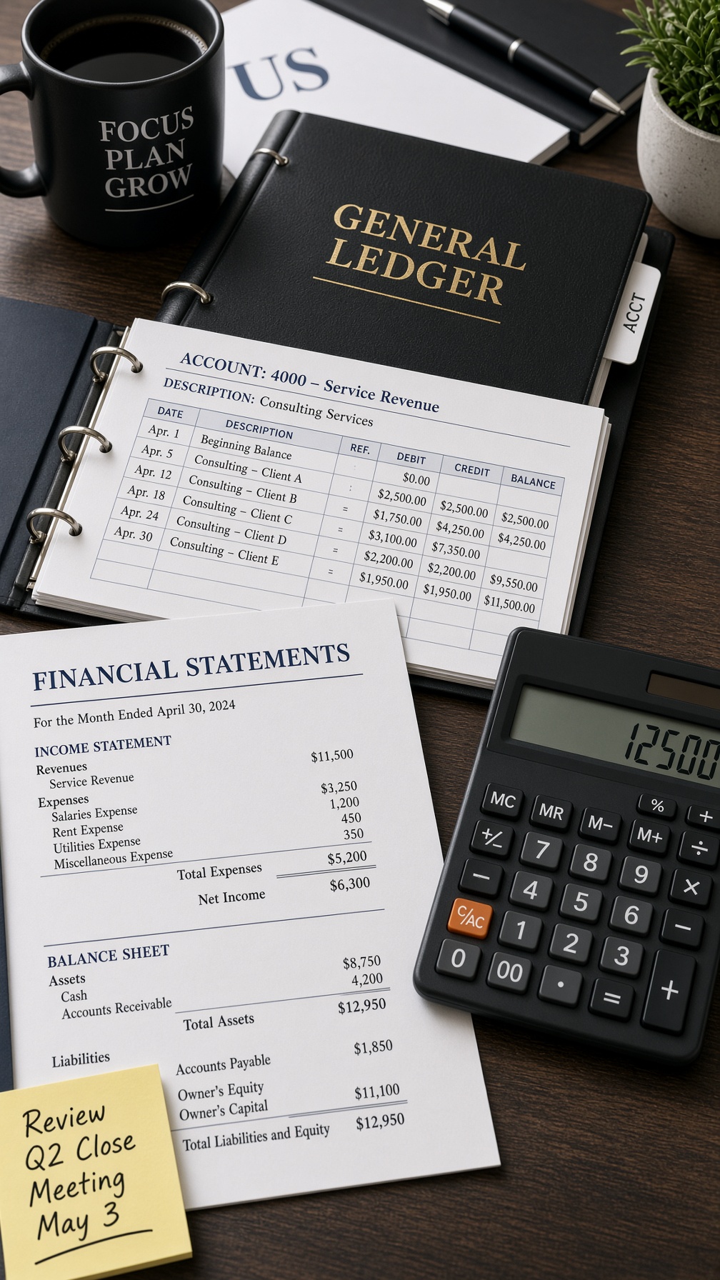 General ledger, financial statements and a calculator on a desk