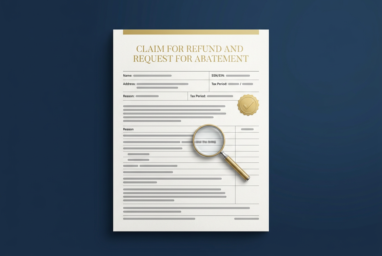 Illustration of an IRS account review and Form 843, Claim for Refund and Request for Abatement